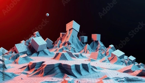 Obraz Abstract grid landscape with floating cubes, digital art, surreal, dreamscape