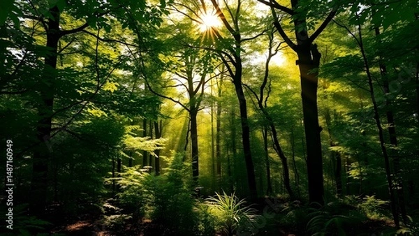 Fototapeta Sunlight Streaming Through a Natural Forest in a Peaceful Outdoor Landscape