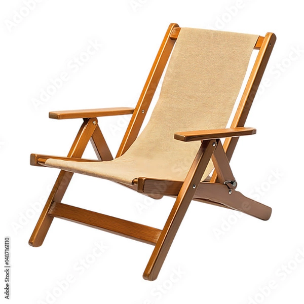 Fototapeta Sport Inspired Reclining Wooden Beach Chair with a Tan Seat Isolated on Transparent Background