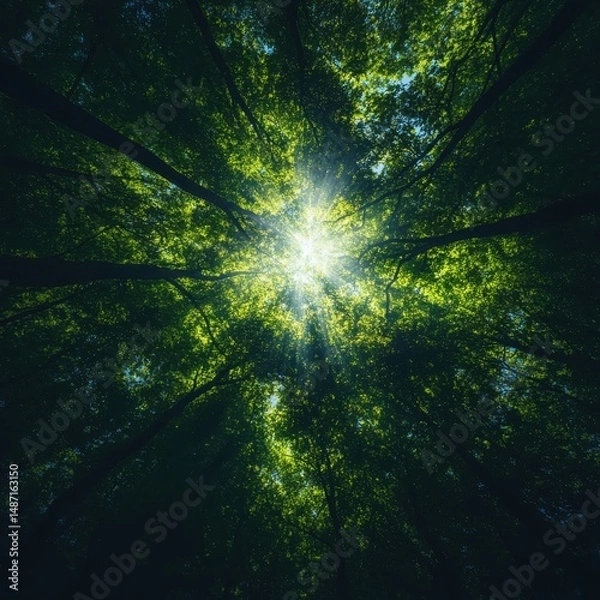 Obraz Sunlight filtering through dense green tree canopy forest nature photography lush environment aerial view serenity