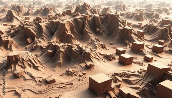 Obraz Abstract futuristic landscape with cubic formations, brown tones, arid