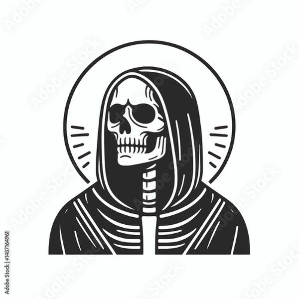 Fototapeta Skeleton wearing a black cloak. Halloween Skull Bones Anatomy Skeletal Clipart Line Art Vector Illustration. Bony figure in dark robe gothic phantom funerary garment macabre shade.
