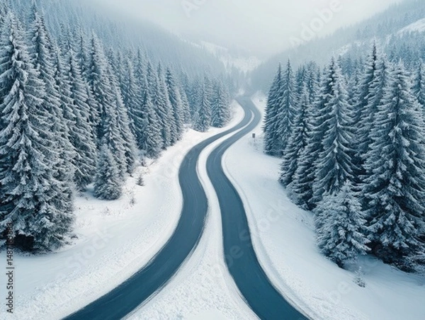 Fototapeta Aerial view of winding road through snow-covered forest on a foggy winter day. Perfect for travel, seasonal, or inspirational themes in design work.