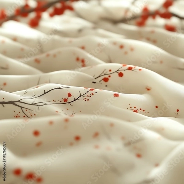 Fototapeta Delicate cream fabric with subtle red cherry blossom print.  Soft, flowing drape