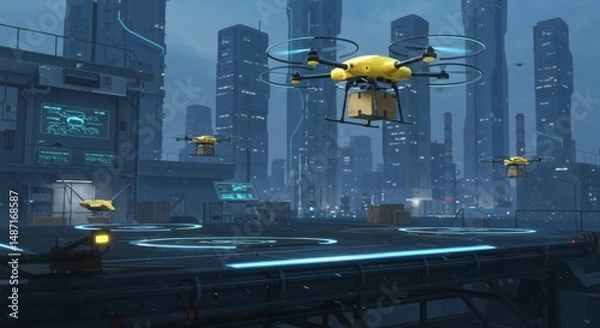 Fototapeta A futuristic concept of a drone delivery service, showcasing technological advancements in business logistics