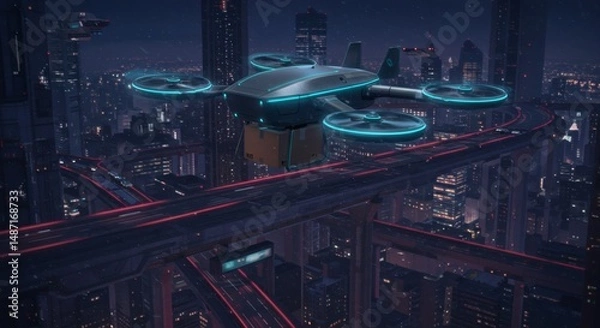 Fototapeta A futuristic concept of a drone delivery service, showcasing technological advancements in business logistics