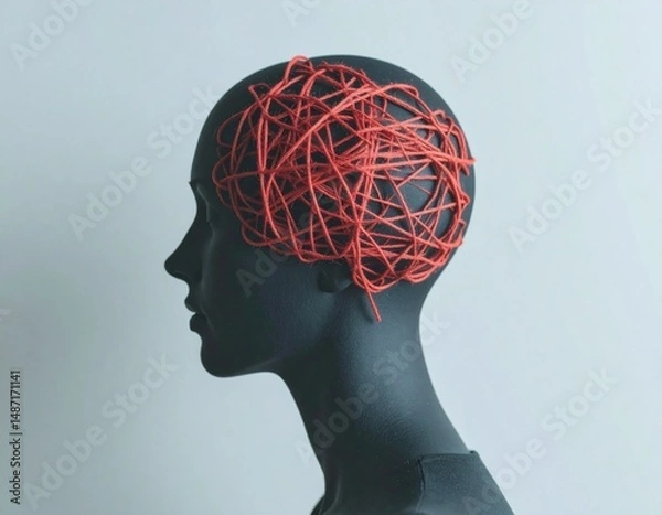 Fototapeta Abstract Sculpture of Human Head with Red Wire Brain – Concept of Mental Health and Overthinking