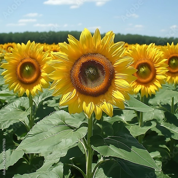 Fototapeta Sunflowers in a field under a partly cloudy sky
