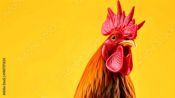 Obraz Modern Flat Design Rooster with Red Comb on Light Yellow — Elegant Minimalist Style, Generative AI