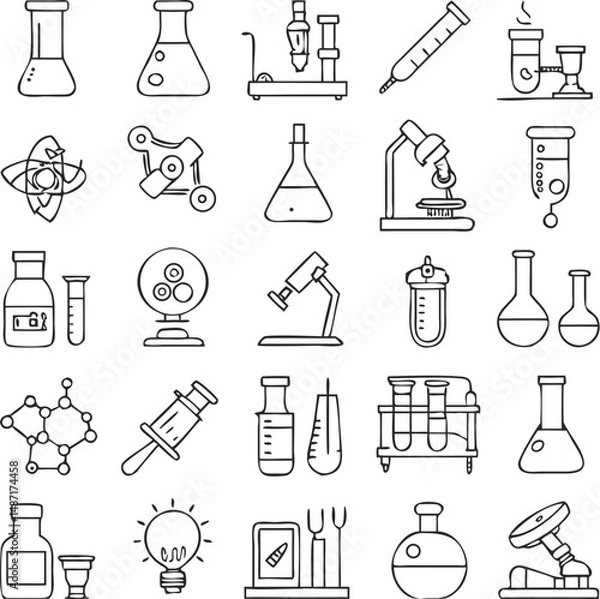 Fototapeta This black vector icon set presents science and chemistry icons as a silhouette design for web or computer use, including medical and book symbols