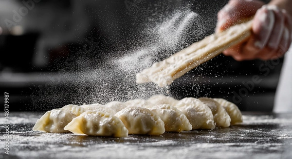 Obraz Wontons scattered on the table, with flour dusted around them. The background is dark gray and black, creating an atmosphere of joy for Chinese New Year's Eve dinner