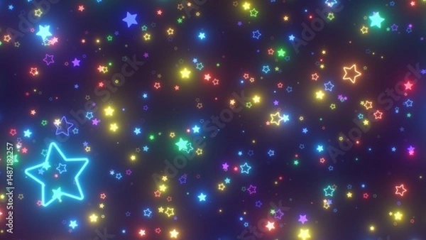 Fototapeta Fly Through Millions Of Rainbow Colored Neon Glow Rounded Star Shapes - Abstract Background Texture