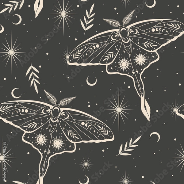 Fototapeta Vector seamless pattern with moon moth and stars. Contemporary composition. Trendy texture for print, textile, packaging.