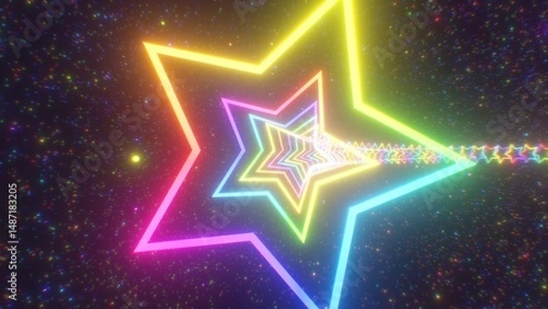 Fototapeta Fly Through Rainbow Neon Star Shape Space Portal Ring At Light Speed - Abstract Background Texture