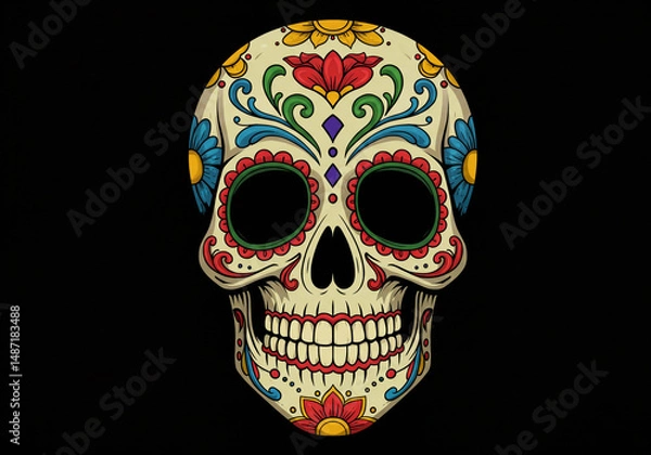 Fototapeta A colorful sugar skull with floral designs on a black background for day of the dead celebration art