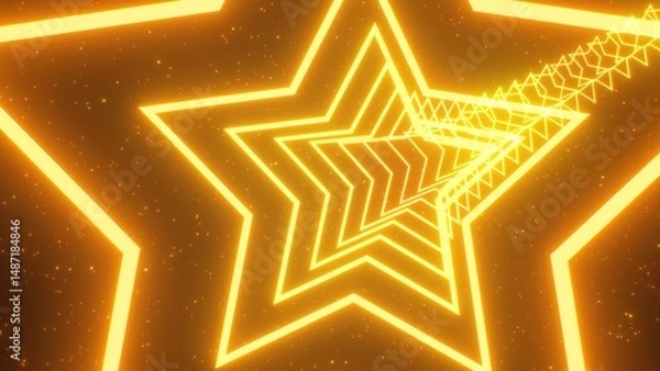 Fototapeta Flying Slowly Through Bright Glowing Gold Sparkle Yellow Star Tunnel - Abstract Background Texture