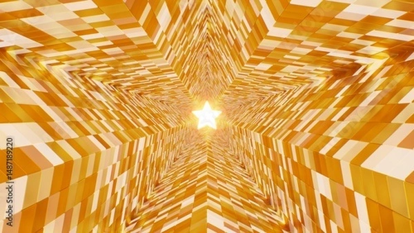 Fototapeta Luminous Star Shape Endless Tunnel Of Shiny Golden Reflective Panels - Abstract Background Texture