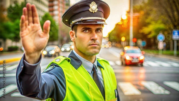 Obraz Traffic policeman holding hand up to stop vehicles on a busy urban street