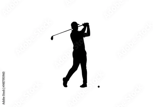 Fototapeta Silhouette of golfer in mid swing with ball on the ground and white background in a studio shot