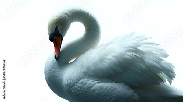 Obraz Extreme Macro Close-Up of White Swan with Curved Neck on White — Precision Detail and Architectural Elegance, Generative AI