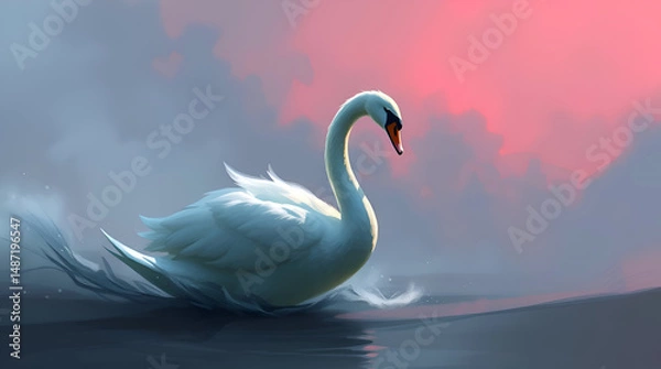 Obraz Extreme Macro Close-Up of White Swan with Curved Neck on White — Precision Detail and Architectural Elegance, Generative AI