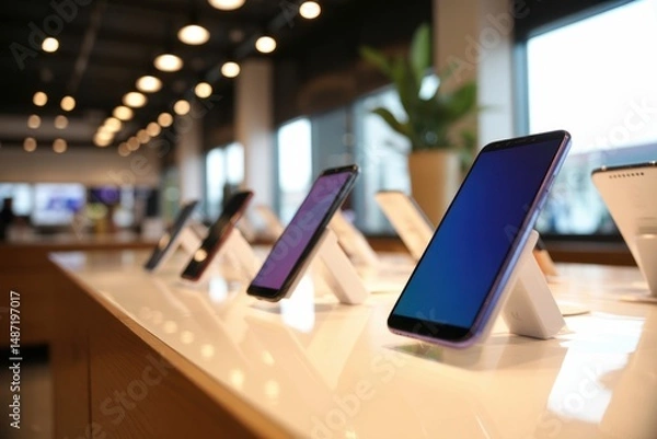 Fototapeta Modern Display Of Mobile Phones On Stands In A Stylish Tech Retail Store With Bright Lighting