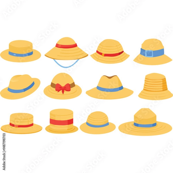 Fototapeta Straw Hats Collection Vector Summer Fashion Accessories Headwear