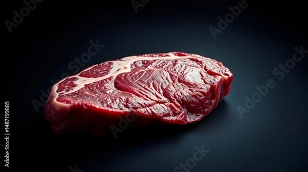 Obraz Close-Up Raw Beef Steak with Marbling Texture on Dark Background – Fresh Uncooked Ribeye Cut for Culinary and Butchery Stock Photography