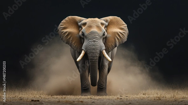 Fototapeta A powerful front facing portrait of tusked bull elephant with dust clouds rising behind in dramatic dark background