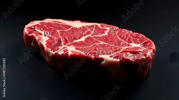Obraz Close-Up Raw Beef Steak with Marbling Texture on Dark Background – Fresh Uncooked Ribeye Cut for Culinary and Butchery Stock Photography