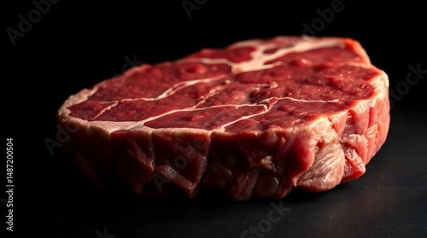 Obraz Close-Up Raw Beef Steak with Marbling Texture on Dark Background – Fresh Uncooked Ribeye Cut for Culinary and Butchery Stock Photography