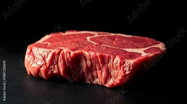 Obraz Close-Up Raw Beef Steak with Marbling Texture on Dark Background – Fresh Uncooked Ribeye Cut for Culinary and Butchery Stock Photography