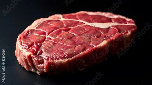 Obraz Close-Up Raw Beef Steak with Marbling Texture on Dark Background – Fresh Uncooked Ribeye Cut for Culinary and Butchery Stock Photography