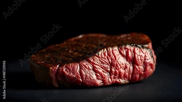 Obraz Close-Up Raw Beef Steak with Marbling Texture on Dark Background – Fresh Uncooked Ribeye Cut for Culinary and Butchery Stock Photography