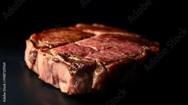 Obraz Close-Up Raw Beef Steak with Marbling Texture on Dark Background – Fresh Uncooked Ribeye Cut for Culinary and Butchery Stock Photography