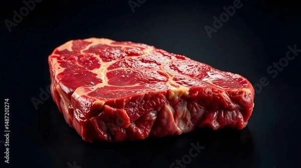 Obraz Close-Up Raw Beef Steak with Marbling Texture on Dark Background – Fresh Uncooked Ribeye Cut for Culinary and Butchery Stock Photography