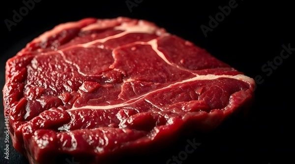 Obraz Close-Up Raw Beef Steak with Marbling Texture on Dark Background – Fresh Uncooked Ribeye Cut for Culinary and Butchery Stock Photography