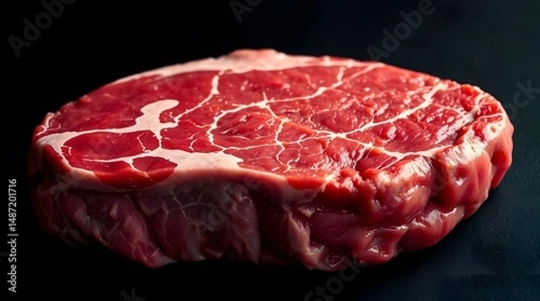 Obraz Close-Up Raw Beef Steak with Marbling Texture on Dark Background – Fresh Uncooked Ribeye Cut for Culinary and Butchery Stock Photography