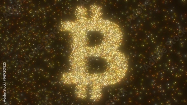 Fototapeta Sparkling Points Of Light Form Iconic Bitcoin Cryptocurrency Symbol - Abstract Background Texture