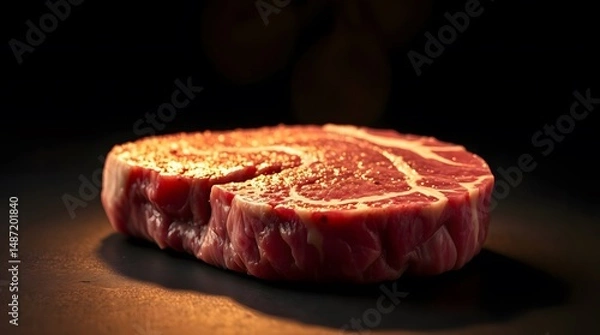 Obraz Close-Up Raw Beef Steak with Marbling Texture on Dark Background – Fresh Uncooked Ribeye Cut for Culinary and Butchery Stock Photography