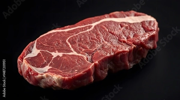 Obraz Close-Up Raw Beef Steak with Marbling Texture on Dark Background – Fresh Uncooked Ribeye Cut for Culinary and Butchery Stock Photography