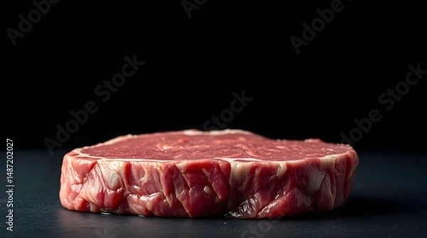 Obraz Close-Up Raw Beef Steak with Marbling Texture on Dark Background – Fresh Uncooked Ribeye Cut for Culinary and Butchery Stock Photography