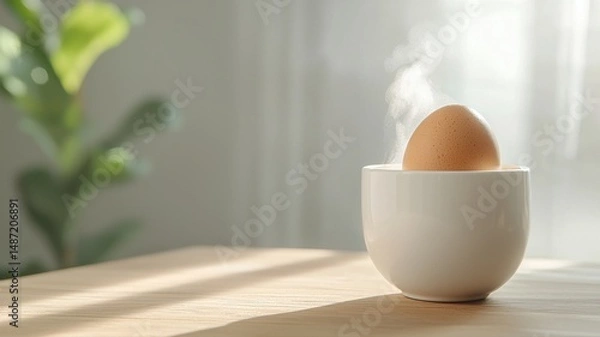 Fototapeta Steaming Boiled Egg in White Egg Cup on Wooden Table with Sunlight egg sunlight boiled egg breakfast