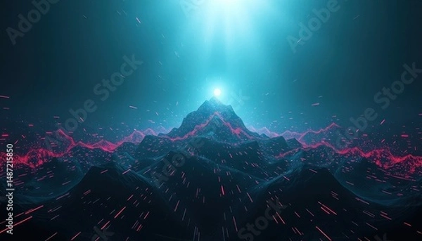 Obraz Futuristic Glowing Mountain Landscape with Data Stream