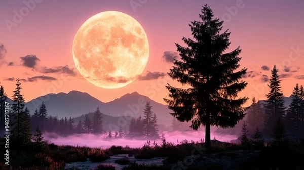 Fototapeta Giant Moon over Misty Mountains