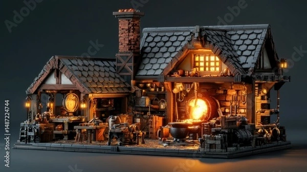 Fototapeta Illuminated medieval workshop; glowing forge, tools, and building.