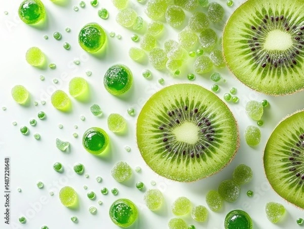 Fototapeta Fresh kiwi fruit slices juxtaposed with vibrant green candies and sprinkles.