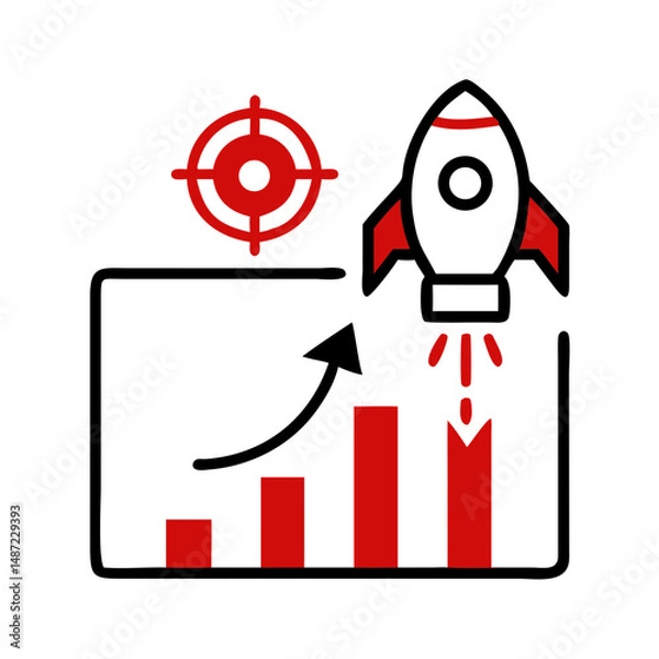Obraz Rocket launch next to red upward bar chart and target icon