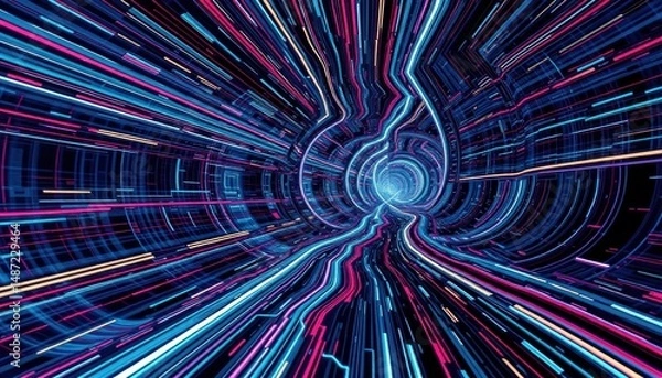 Obraz Neon Futuristic Tunnel: Digital Data Stream, Abstract Speed