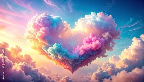 Fototapeta A fantastic scene with pastel colored heart clouds overlapping in the sky